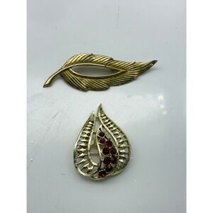 Vintage Gold Tone Brooch Lot of 2 Leaf and Red Rhinestone Teardrop Pins